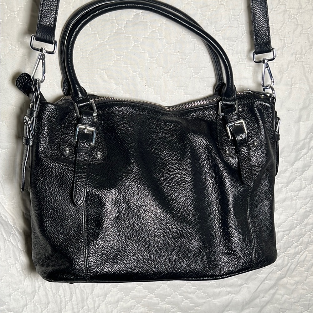 Heshe Elegant Black Leather Handbag/Tote w/Polished Silver Hardware